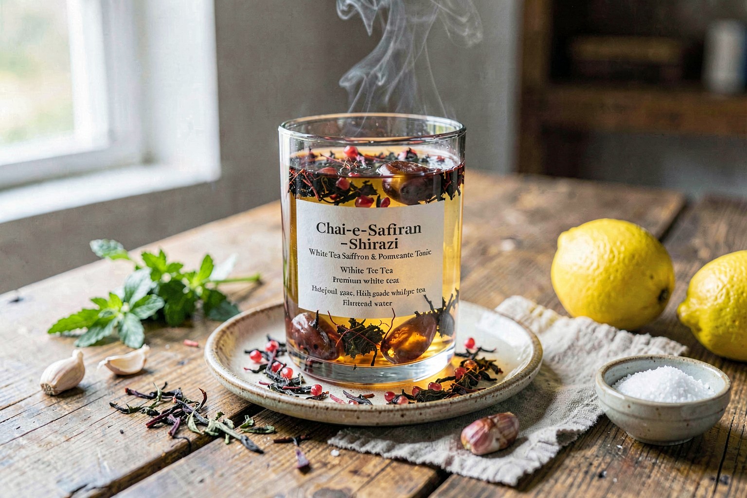Chai-e-Safran-e-Shirazi: White Tea Saffron & Pomegranate Tonic