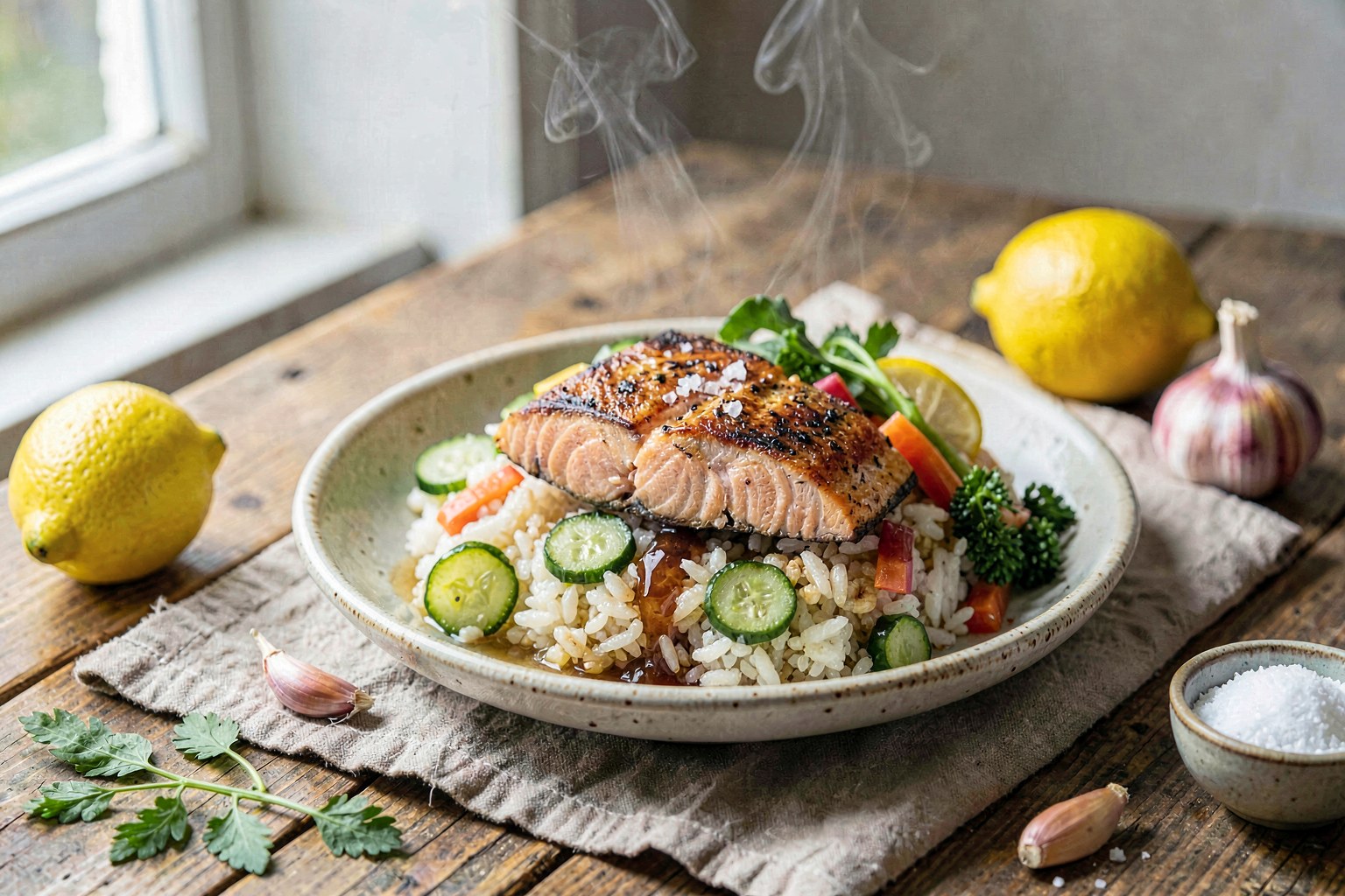 Seared Wild Salmon Chirashi-Zushi with Date-Sweetened Vinegar Rice