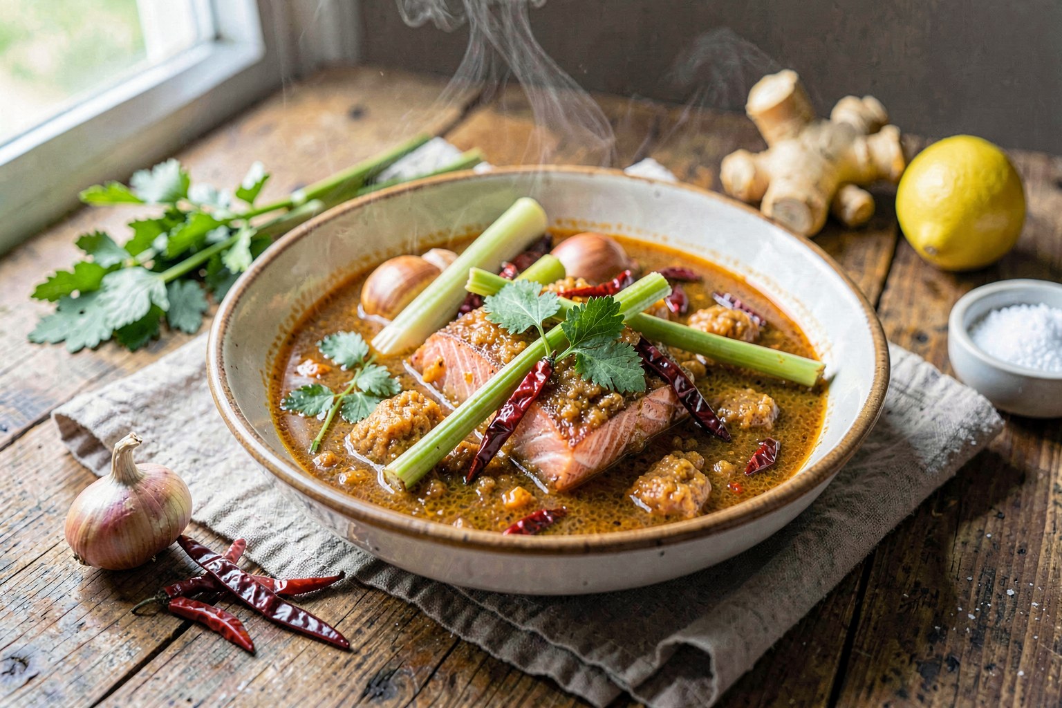 Gaeng Som: Northern Thai Sour Curry with Wild Salmon and Fresh Herbs