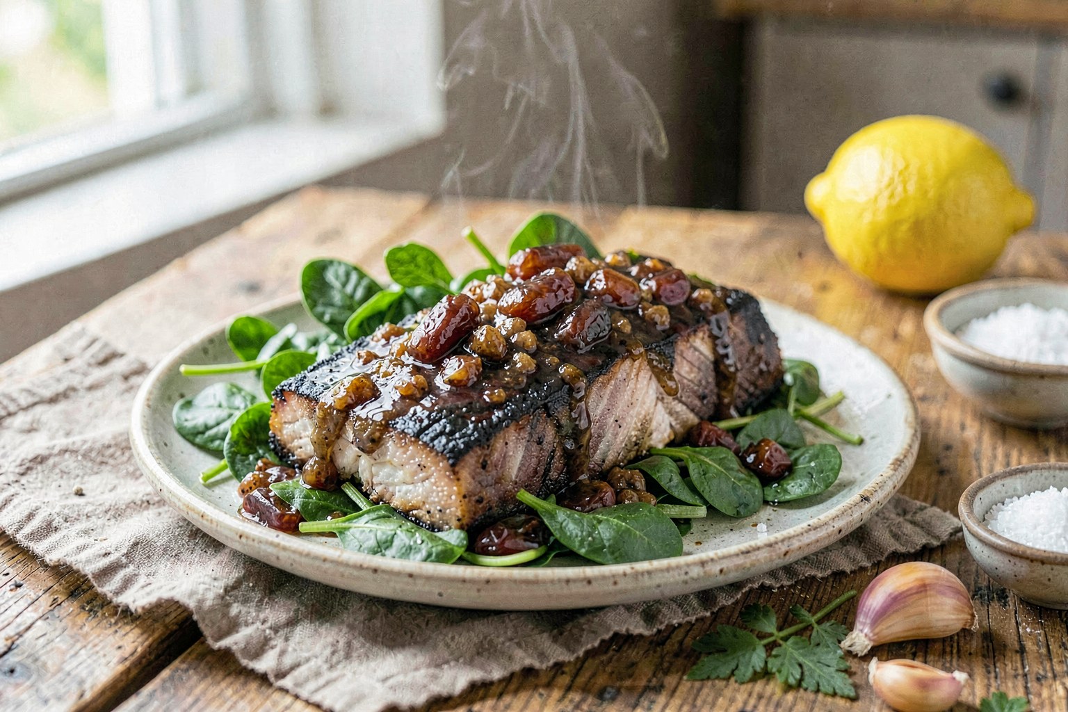 Miso-Glazed Black Cod with Date Paste over Dashi-Wilted Greens