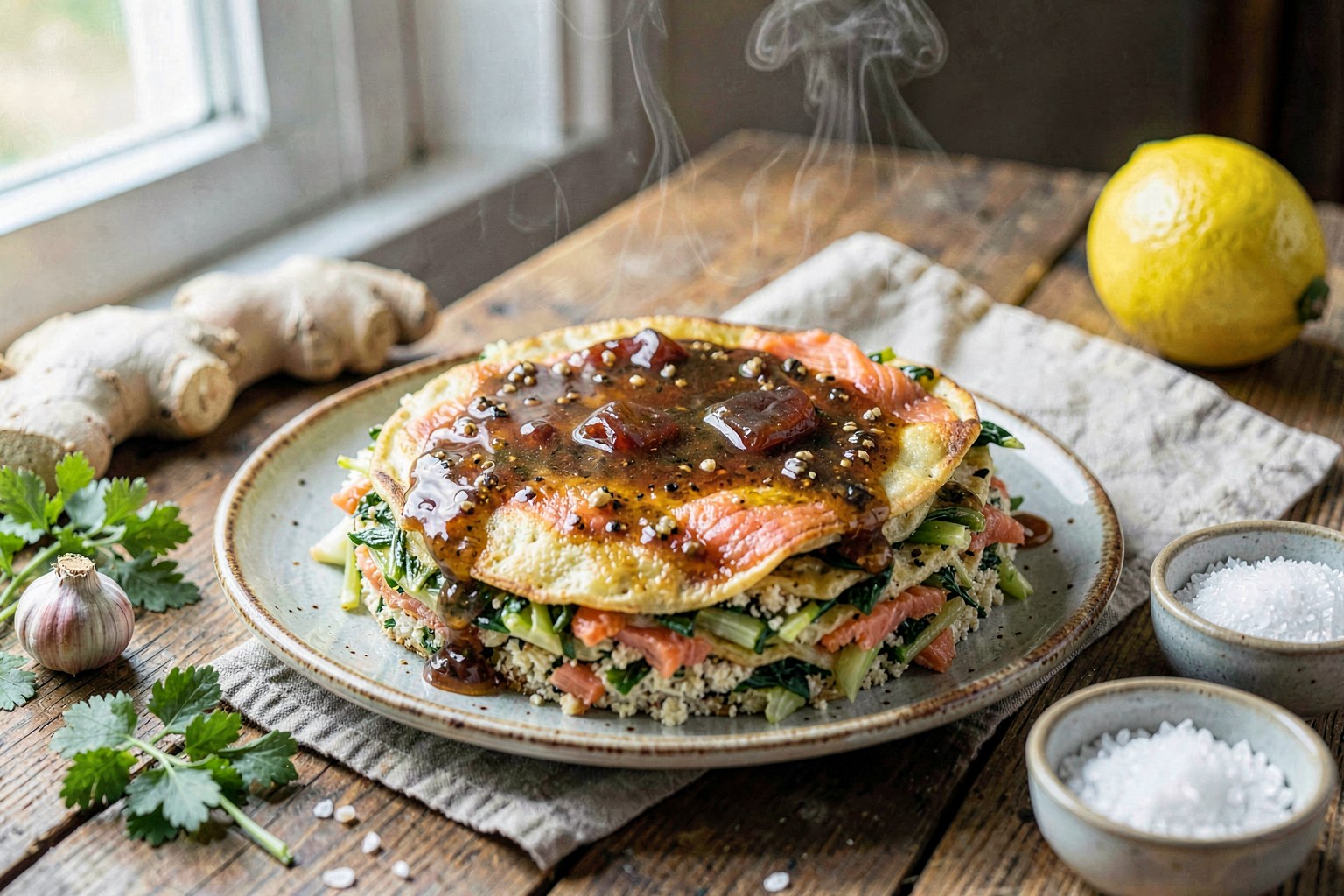 Farm-Fresh Okonomiyaki with Wild Salmon and Date-Mirin Tare