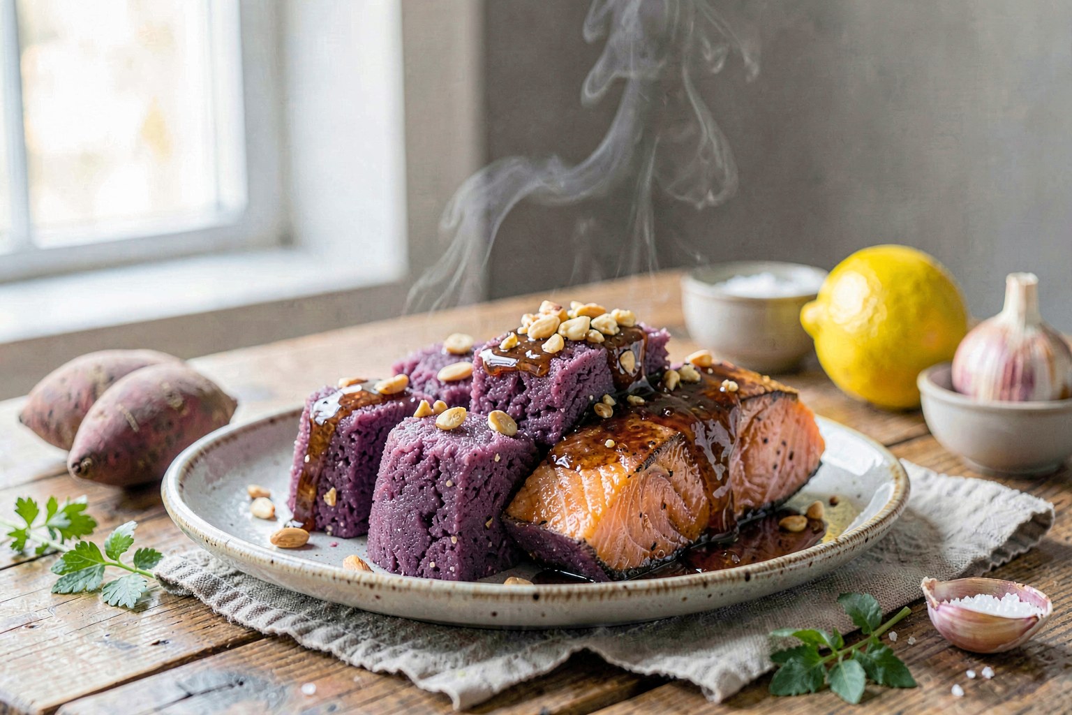 Purple Sweet Potato Mochi with Miso-Glazed Wild Salmon
