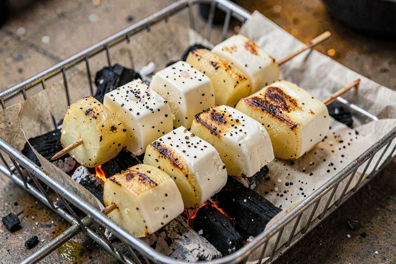 Queima-Fitas (Portuguese Grilled Cheese and Potato Skewers)