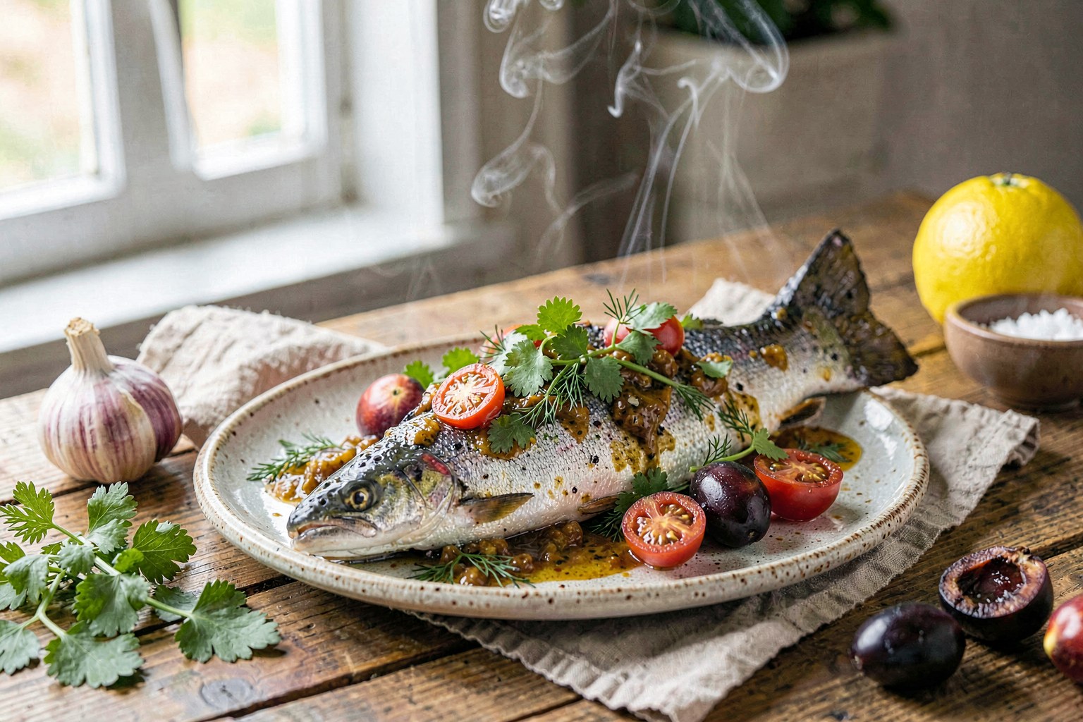 Smoky Wild-Caught Trout with Tkemali & Charred Plums