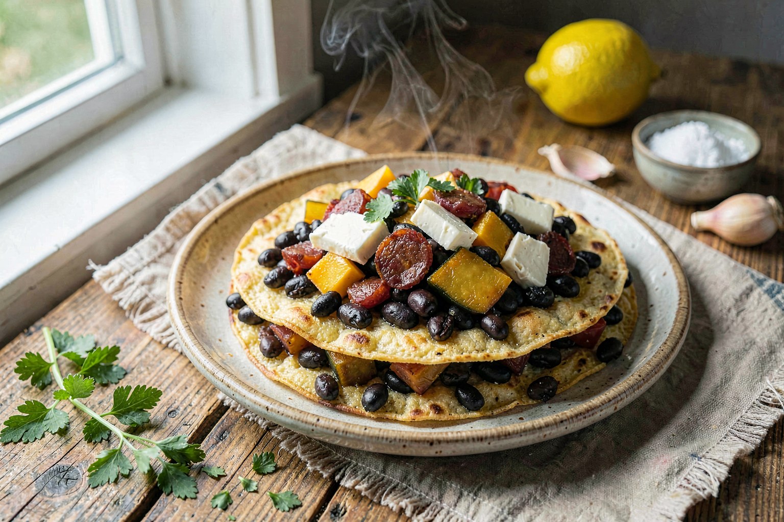 Crispy Oaxacan Tlayuda with Black Beans, Squash, and Grass-Fed Chorizo